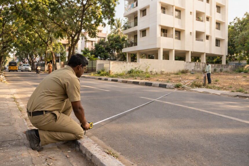 A surveyor measures the width of a Chennai road in front of a vacant plot, with a stilt apartment block behind